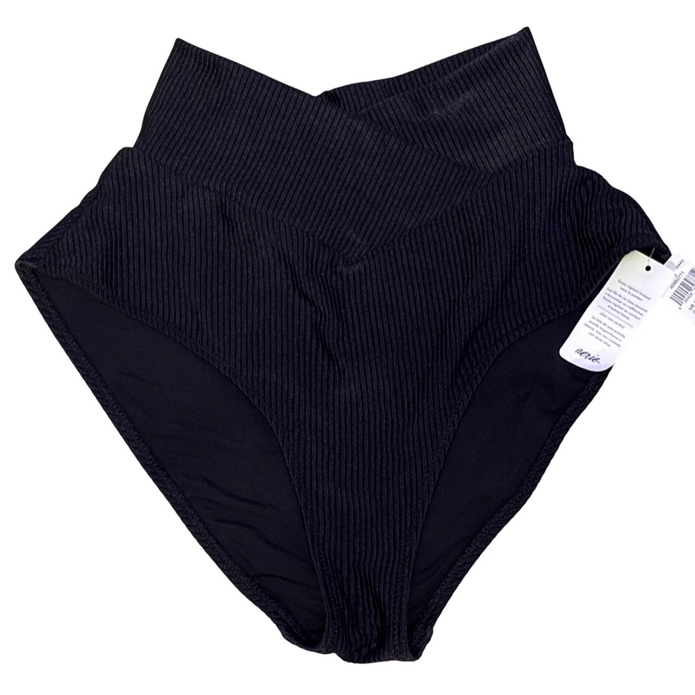 NEW Aerie Womens Black Ribbed High Waisted Full Coverage‎ Bikini Bottoms XS